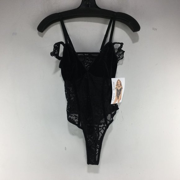Elegant Moments Off the Shoulder Deep V Lace Bodysuit, Women's Size 2X - Black - Picture 4 of 12